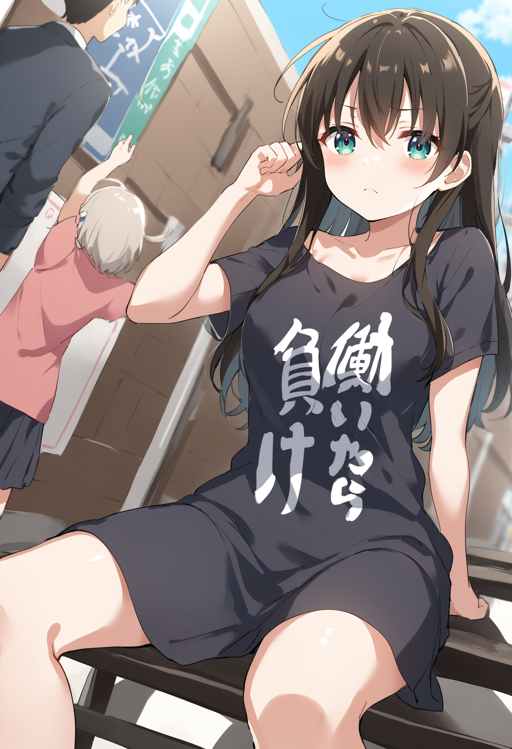1girl,sincos, ningen mame, toosaka asagi,solo,medium breasts,school uniform,short sleeves,
you work you lose, clothes writing,  short sleeves, t-shirt, <lora:youworkyoulose_XL_v1:1>
dutch angle, feet out of frame, looking at viewer, brown hair, gray eyes,contemptuous, pedestrian crossing, closed mouth,
best quality, very aesthetic, absurdres