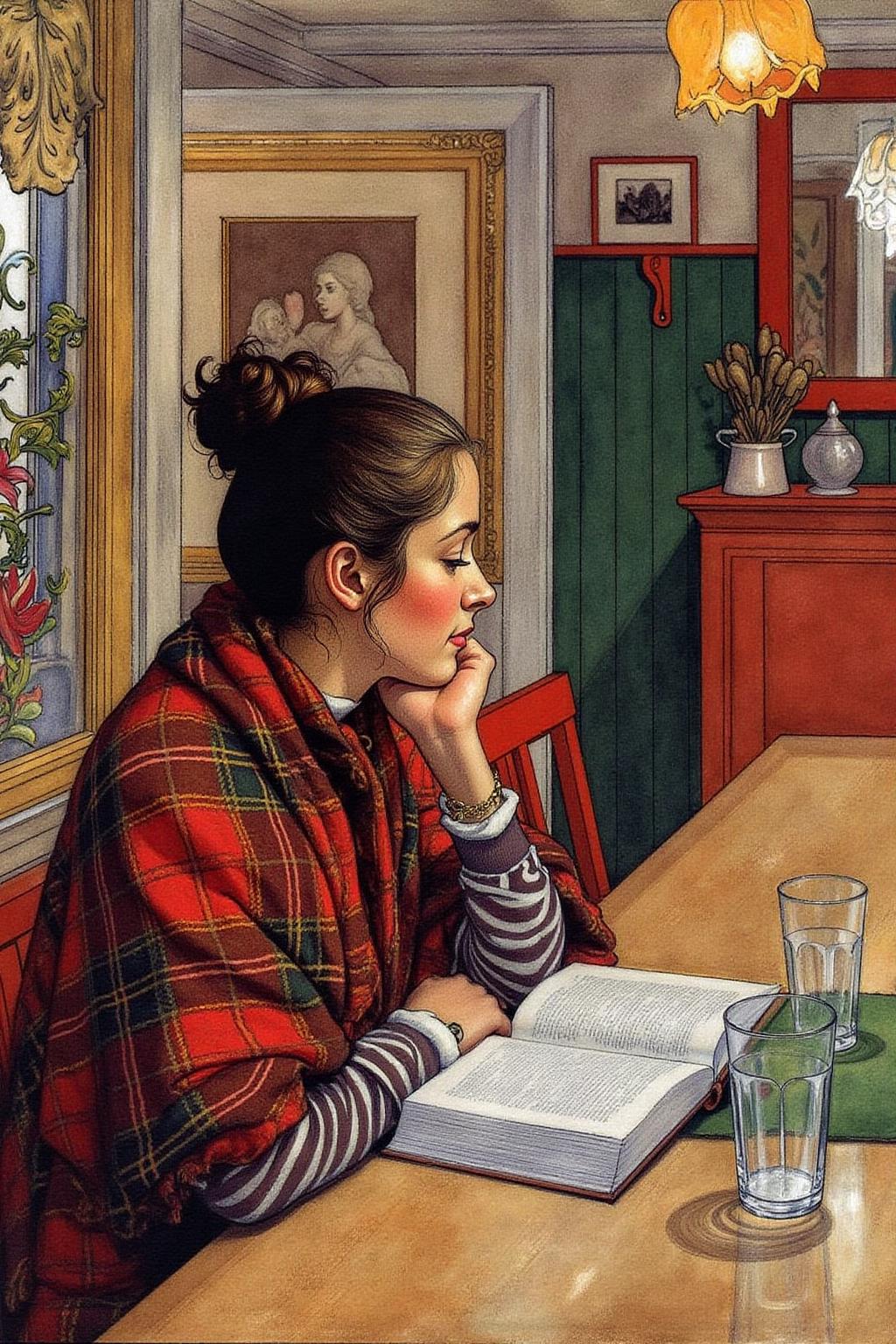 car1ar painting.
A woman with dark hair tied up in a bun, sitting at a wooden table. She is engrossed in reading a book, with her right hand resting on her chin in a thoughtful pose. She is wrapped in a warm, plaid blanket with red, green, and brown tones. <lora:car1ar1_cap_d6a3:1.0><lora:825493668057249706:0>