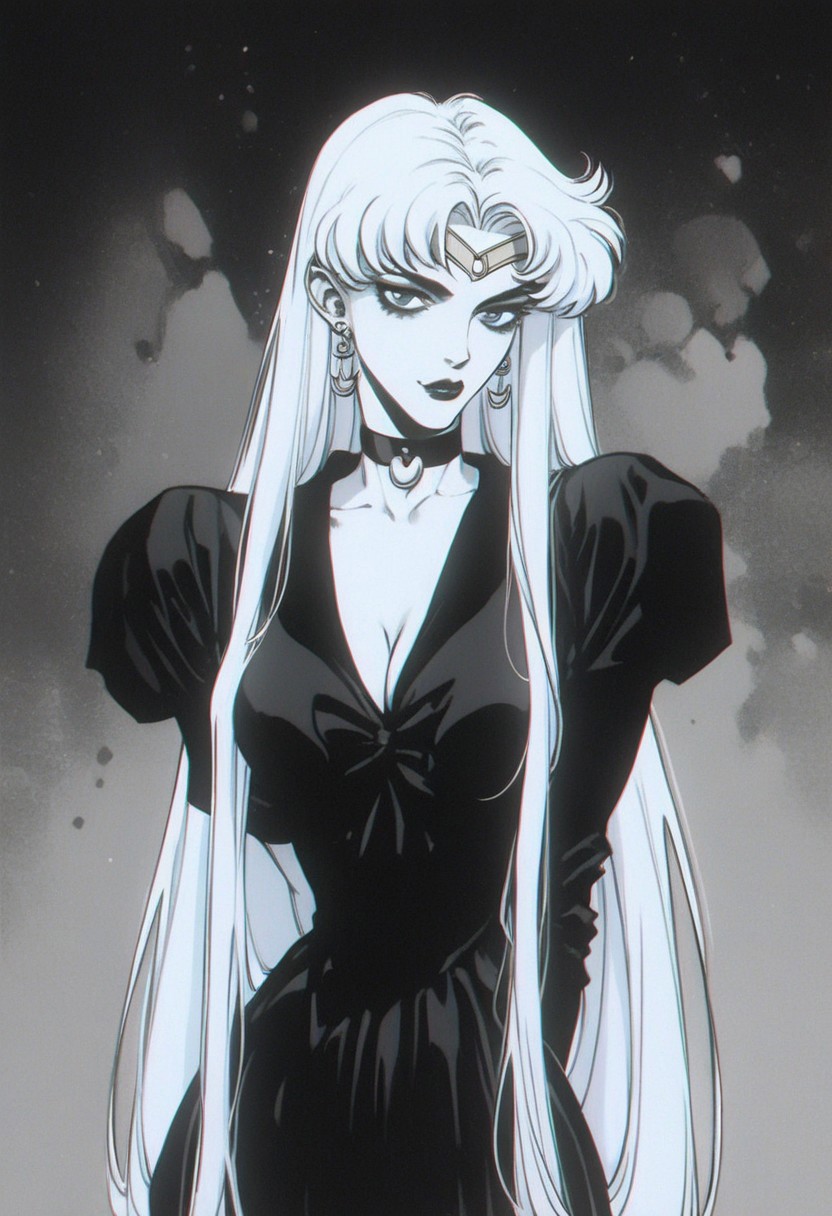 /1/ score_9, score_8_up, score_7_up, score_6_up, score_5_up, score_4_up, score_9, score_8_up, score_7_up, lineart,manga, retroscifi,/2/ /3/ 1woman, long hair, sailor moon, horror, scary, round breasts, breasts together, cleavage, posing, gothic background, at night, /6/, shadow background, rating_explicit