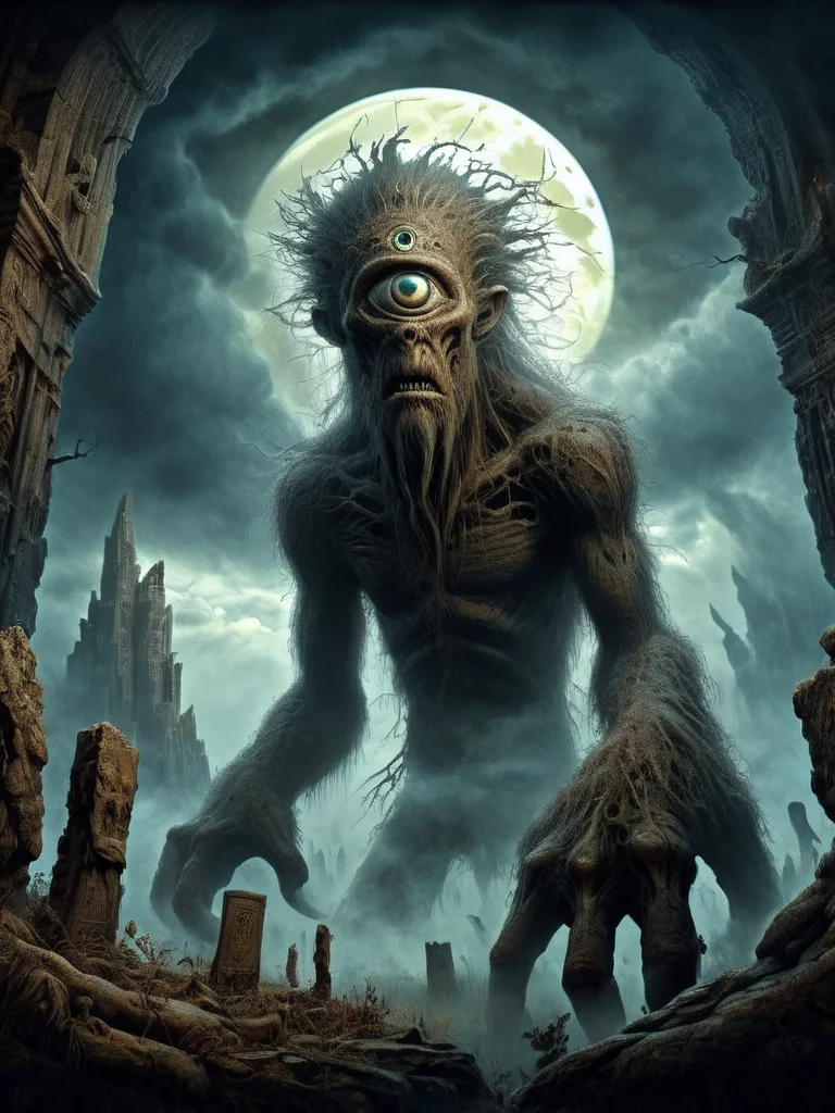 Mycelium zombie in dark fantasy style, detailed image, attacks from the dark, covered in mycelium, sprouting mycelium, high detail, otherworldly horror, dark colors, double exposure, ink, acrylic, 2d, high detail, sharp focus, attention to detail, masterpiece, professional work, atmosphere of horror and nightmare, dark art of Zdzislaw Beksinski, sf, intricate artwork masterpiece, ominous, matte painting movie poster, golden ratio, trending on cgsociety, intricate, epic, trending on artstation, by artgerm, h. r. giger and beksinski, highly detailed, vibrant, production cinematic character render, ultra high quality, cyclops  <lora:cyclops:1>