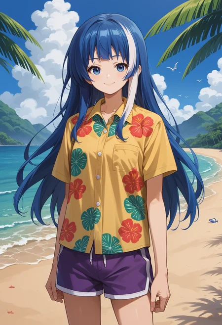 score_9, score_8_up, source_anime, 1girl, solo, MutsumiYozakura, long hair, streaked hair, hawaiian shirt, dress shirt, multicolored shirt, purple shorts, dolphin shorts, smile, outdoors, beach, <lora:ChamMutsumiYozakuraPonyXL:1>