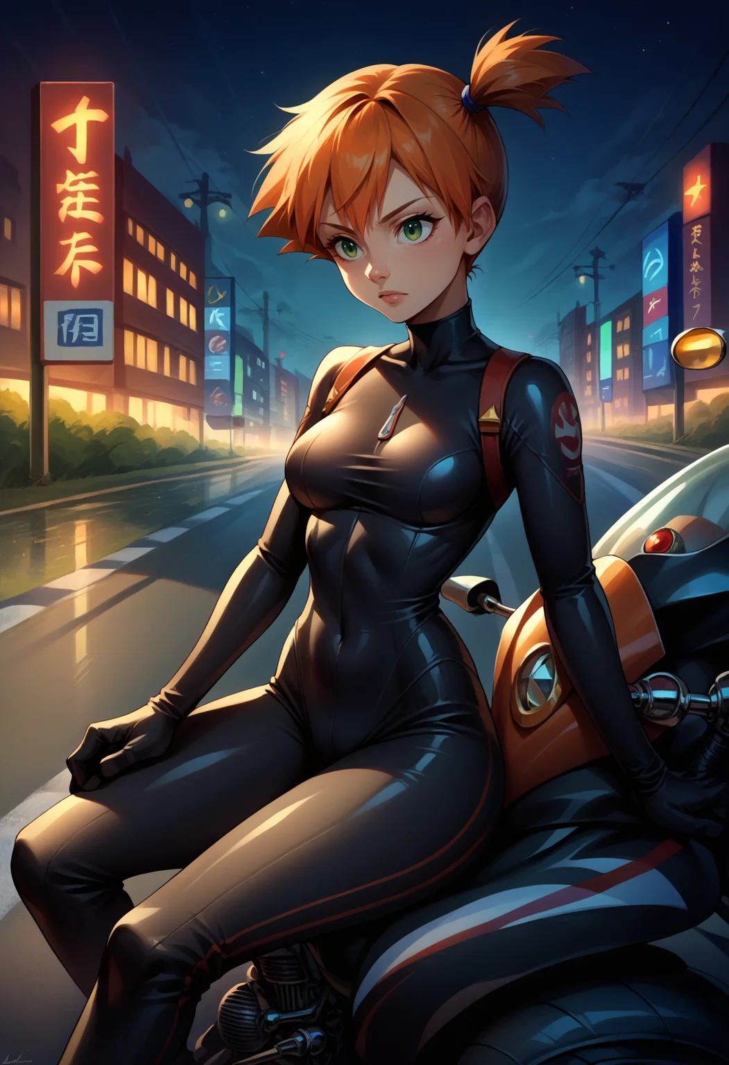 score_9, score_8_up,score_7_up, source_anime, 1girl, solo, <lora:EPpkMisty:1.0>, EPpkMisty, orange hair, short hair, side ponytail, green eyes, cowboy shot, leaning, motor vehicle, ground vehicle, motorcycle, sitting, on motorcycle, black bodysuit, shiny, reflection, bodysuit, night, street,