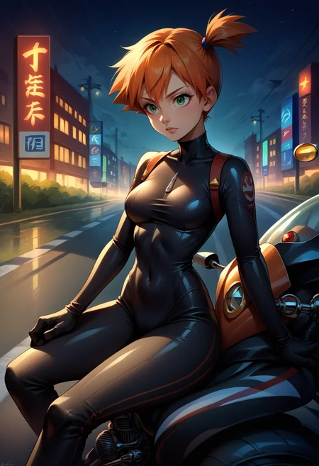 score_9, score_8_up,score_7_up, source_anime, 1girl, solo, <lora:EPpkMisty:1.0>, EPpkMisty, orange hair, short hair, side ponytail, green eyes, cowboy shot, leaning, motor vehicle, ground vehicle, motorcycle, sitting, on motorcycle, black bodysuit, shiny, reflection, bodysuit, night, street,