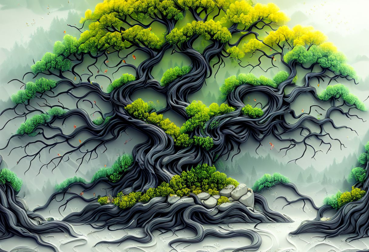 large tree on an island with lots of boulders in the water, moss grows where it can along with flowers, a multitude of trees can be seen forming a forest, artflwtr, Arttrttrt