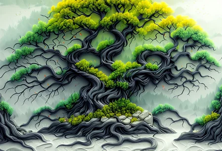 large tree on an island with lots of boulders in the water, moss grows where it can along with flowers, a multitude of trees can be seen forming a forest, artflwtr, Arttrttrt