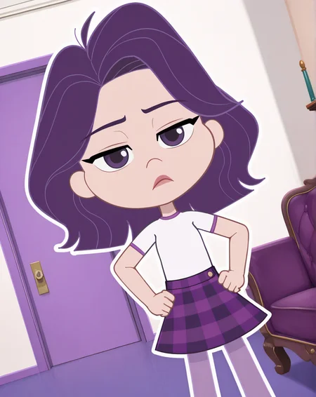 Sour_Grapes, 1girl, solo, purple hair, purple eyes, white t-shirt, short-sleeved t-shirt, purple plaid skirt, pastel purple tights, violet flats, (Bored, dutch angle, Hands on hips,naughty pose, looking at viewer, indoors, elegant room, solo, dynamic pose, full_body, head tilt,),((white background, White frame, white outline))