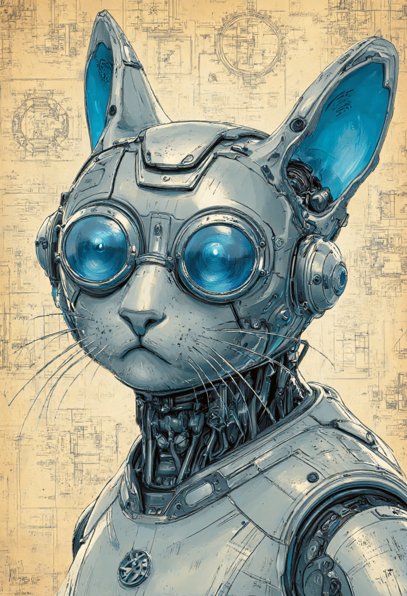 highly detailed, digital illustration of a futuristic cat with a cybernetic makeover. The cat's head is adorned with intricate mechanical components, including large, round, blue-tinted goggles that cover its eyes, giving it a robotic appearance. The cat's fur is depicted as sleek and metallic, with a combination of silver and blue tones, suggesting a high-tech, mechanical texture. Its ears are large and pointed, with blue inner linings that contrast sharply with the silver outer parts. The cat's whiskers are long and thin, extending outward from its face.
The background of the image is a light beige color, which contrasts with the dark blue and silver tones of the cat's features. Around the cat, there are blueprints and technical schematics, indicating a focus on engineering and design. These blueprints provide a sense of depth and context, suggesting that the cat is part of a larger, futuristic technological system. The illustration style is highly detailed and precise, with a clean, technical aesthetic that emphasizes the fusion of organic and mechanical elements. The overall effect is both futuristic and intriguing, blending elements of science fiction and high-tech design.,aidmaimageupgrader, aidmaMJ6.1 <lora:aidmaImageUprader-FLUX-v0.3:0.4> <lora:aidmaMJ6.1-FLUX-v0.5:0.7>
