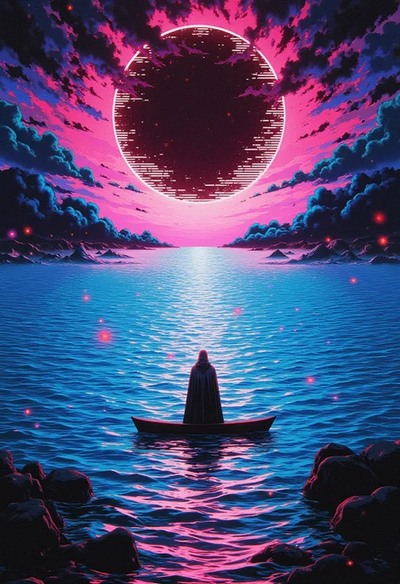 ne0nfant4sy A surreal, glitched fantasy landscape featuring a vast, endless ocean with distorted digital waves. In the middle of this surreal expanse floats a small boat, carrying a sole, cloaked figure. The man’s cloak flickers with fragmented, pixelated edges. The ocean ripples with digital static, glitching between smooth waves and sharp, geometric distortions. Above the water, the sky glitches out into jagged, corrupted clouds that flash between vibrant neon colors and pixelated voids. The grand, ethereal nature of the scene is interrupted by digital noise, corrupted light effects, giving the scene a haunting, otherworldly atmosphere. The landscape warps and distorts, defying the natural order, with jagged bursts of neon color and patches of black void interspersed throughout, creating a dreamlike, glitched-out reality.