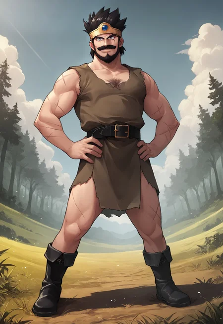 score_9, score_8_up, OrtegaDQ, black hair, short hair, gray eyes, beard, mustache, circlet, dark-brown tunic, black belt, looking at viewer, smile, dynamic pose, detailed background, hands on hip, dutch angle, forest, blue sky, clouds, upper body, scars on body, hairy arms hairy chest, hairy legs, torn clothes, (full body), pantless, boots,