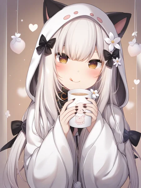 1girl, long hair, looking at viewer, blush, smile, bangs, hair ornament, long sleeves, bow, holding, animal ears, hair between eyes, brown eyes, closed mouth, jacket, upper body, flower, heart, tongue, hair flower, hood, tongue out, wide sleeves, nail polish, cup, hands up, black bow, fake animal ears, white jacket, white flower, holding cup, hooded jacket, hood up, :q, mug, animal hood
<lora:gan_cheng_3-000044>,