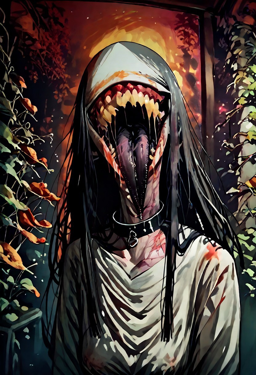 score_9, score_up_8, masterpiece, best quality, explicit, 
hasshaku-sama, mature woman, large woman, tall woman, sagging breast, enormous breast, long hair, black hair, horror (theme), collar bone, bony body, skinny, anorexic, fall season, trees, red yellow and orange leaves, falling leaves, night, garden, Expressiveh,  
 teeth, tongue, open mouth, horror, blood, stiches, scars, black tongue, very long tongue, black tears, full body