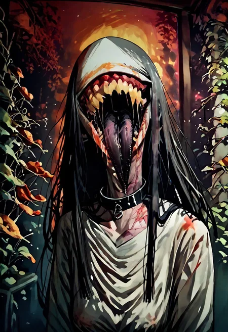 score_9, score_up_8, masterpiece, best quality, explicit, 
hasshaku-sama, mature woman, large woman, tall woman, sagging breast, enormous breast, long hair, black hair, horror (theme), collar bone, bony body, skinny, anorexic, fall season, trees, red yellow and orange leaves, falling leaves, night, garden, Expressiveh,  
 teeth, tongue, open mouth, horror, blood, stiches, scars, black tongue, very long tongue, black tears, full body