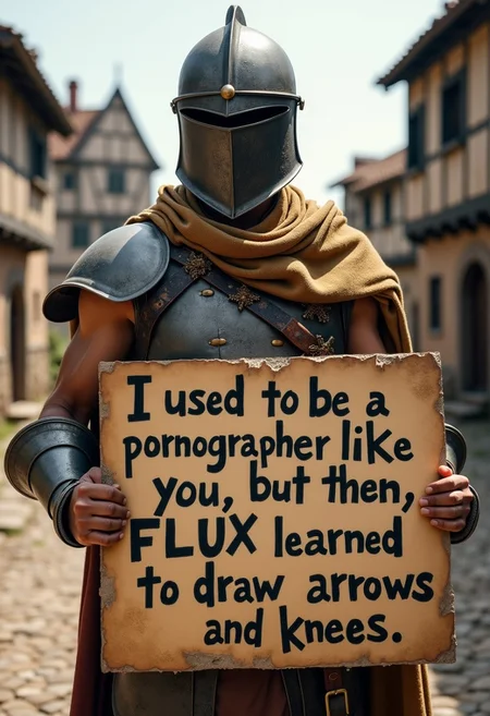 A medieval villager with dirty sleeveless armor, a full face helmet, and a tan shawl, standing in a small medieval town. He’s holding a large sign that says “I used to be a pornographer like you, but then, FLUX learned to draw arrows and knees.”