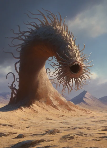 artist:, masterpiece, best quality, newest, very awa, absurdres, highres, mnsr, monster, daytime, sunshine, desert, detailed, <lora:SDXL\Illustrous\Monster_Concept-Illu-mnsr:1.0>