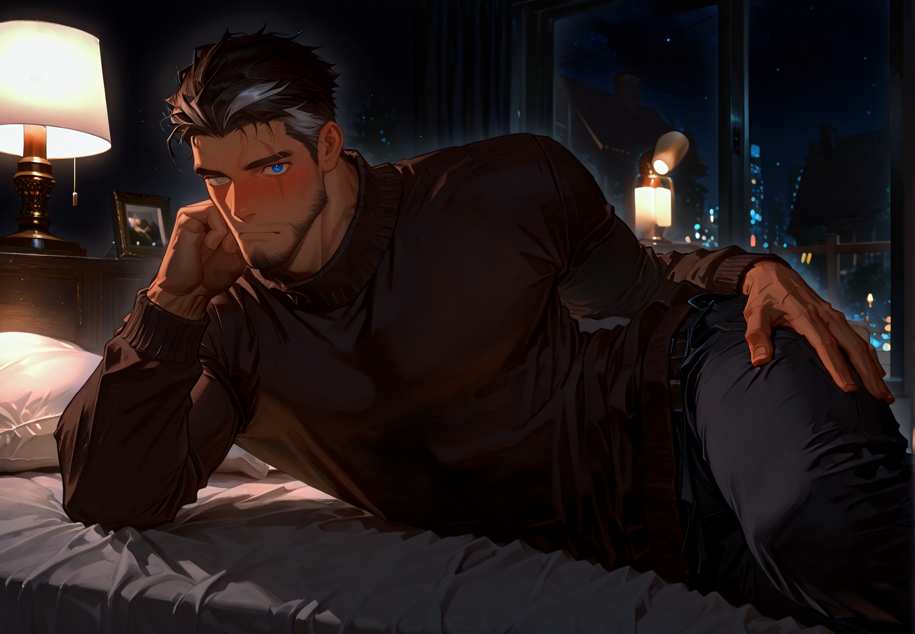 <lora:Hand On Hip lying on elbow - IL:.7> ((hand on hip, hand on own hip, hand on own thigh,  lying, lying on side, on side, head rest on elbow, arm support,))
scar on right eyes, heterochromia, left blue eye, right grey eye, blue eye, grey eye, ((pullover sweater, full clothes)), 
wooden house, bed, night, window, indoor, bed, on the bed, romantic night, lamp, <lora:DNF_Monk_r1:.9> dnfmonk, muscular male, beard, multicolored hair, scar on face, (very short hair), male focus, muscular male, muscular male, bara, mature, ( bara, mature, facial hair, beard, full beard, sideburn, mustache, stubble), facial hair, bara, mature, body hair, aixiwuganda_(20222192), very awa, masterpiece, best quality, absurdres, newest, perfect quality, detailed background, intricate details,<lora:slider_Body Type_alpha1.0_rank4_noxattn_last:2><lora:Anime Summer Days 2 Style SDXL_LoRA_Pony Diffusion V6 XL:.6><lora:merged:.7>, DARK, DARK BACKGROUND, LOW-KEY LIGHTING <lora:slider_cfg_scale_boost:.7><lora:Artist6p:.55>, Artist6p, Artist04p,<lora:slider_il_brightness_slider_d1:-1><lora:slider_il_contrast_slider_d1:-.25>,<lora:slider_contract_controller_illus01_v1:.3>, <lora:addon_illustriousXLv01_stabilizer_v1.121:.5>,<lora:slider_DarkSlider1.2_alpha1.0_rank16_full_300steps:-.3><lora:style_Heavenly_Beauty_r1:1>, (heavenlybeauty,)