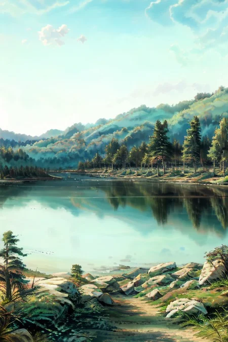 extremely detailed, karelian forest on shore big lake, rocks and cliffs on shores, water as mirror, day, shihing, white clouds, mountain, horizon, mountainous horizon, day, sky, cloud, epic landscapes, show a mystical terrain,