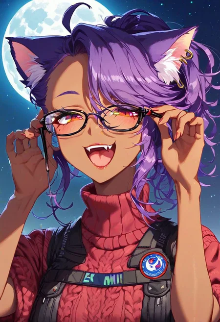 score_9_up, score_8_up_, score_7_up, very detailed, cute catgirl, cute pose, catgirl ears, tanned skin, titanium framed glasses, bright neon purple hair, ponytail, medium hair, ahoge hair, unkempt hair, sly smile, open mouth, adjusting glasses, starry jewelrey, baggy sweater, oversized sweater, dark red turtleneck sweater, black biker vest, studded, well dressed, night time, cyberpunk city in background, moon, solo focus on female, detailed face, best detail, (best quality:1.5), masterpiece, (high resolution:1.5)
ng_deepnegative_v1_75t, OverallDetail, , Expressiveh