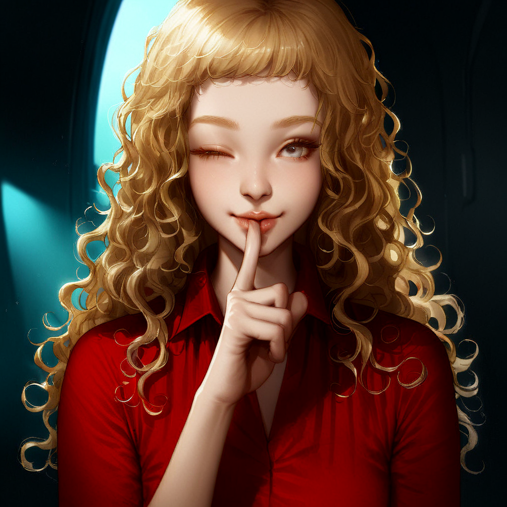 masterpiece, best quality, very aesthetic, kukrushka, 1girl, blonde hair, long hair, grey eyes, solo, lips, wavy hair, red dress, young, (realistic:0.1), spaceship interior, closed one eye,mystery light smile, hand showing silent sign in front of mouth