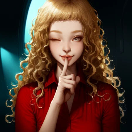 masterpiece, best quality, very aesthetic, kukrushka, 1girl, blonde hair, long hair, grey eyes, solo, lips, wavy hair, red dress, young, (realistic:0.1), spaceship interior, closed one eye,mystery light smile, hand showing silent sign in front of mouth