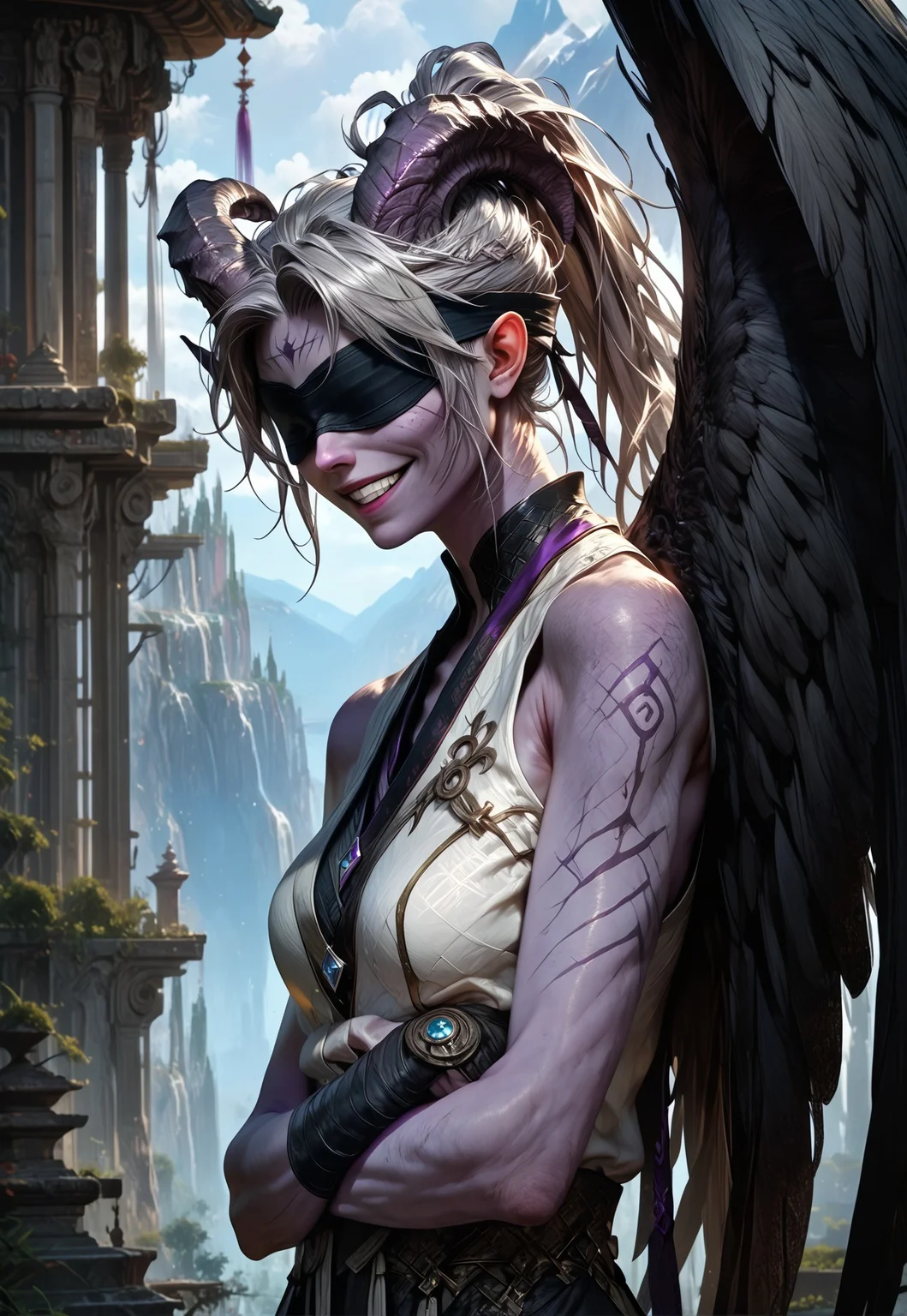 (absurdres, best quality, masterpiece:1.4),
score_9, score_8_up, score_7_up, score_6_up,
detailed,
detailed body,
detailed face,
(((smooth skin, unbroken skin, detailed skin))),
fantasy,
alone,
female,
tiefling,
h0rns,
ram horns,
black horns,
tall,
((((purple skin)))),
((long grey hair, ponytail)),
(((wingsd, black wings))),
crossed arms, arms across stomach,
soft smile,
(white robe, sleeveless,
blindfold, black cloth blindfold),
depth of field,
outdoors,
mountain temple,
upper body