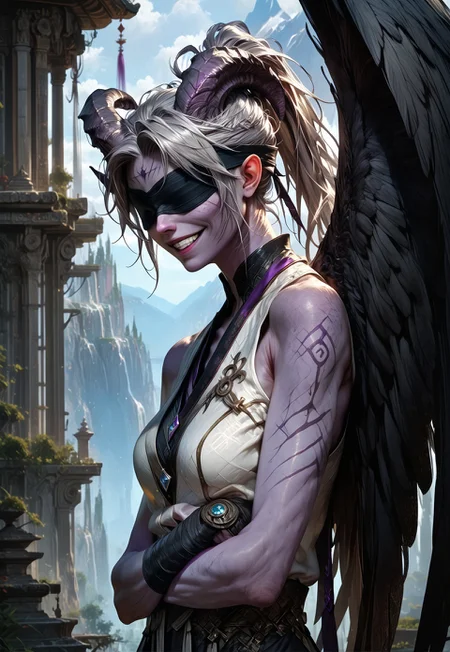 (absurdres, best quality, masterpiece:1.4), 
score_9, score_8_up, score_7_up, score_6_up, 
detailed, 
detailed body, 
detailed face, 
(((smooth skin, unbroken skin, detailed skin))), 
fantasy, 
alone, 

female, 
tiefling, 
h0rns, 
ram horns, 
black horns, 
tall, 
((((purple skin)))), 
((long grey hair, ponytail)), 
(((wingsd, black wings))),

crossed arms, arms across stomach, 
soft smile,

(white robe, sleeveless, 
blindfold, black cloth blindfold), 

depth of field, 
outdoors, 
mountain temple, 
upper body