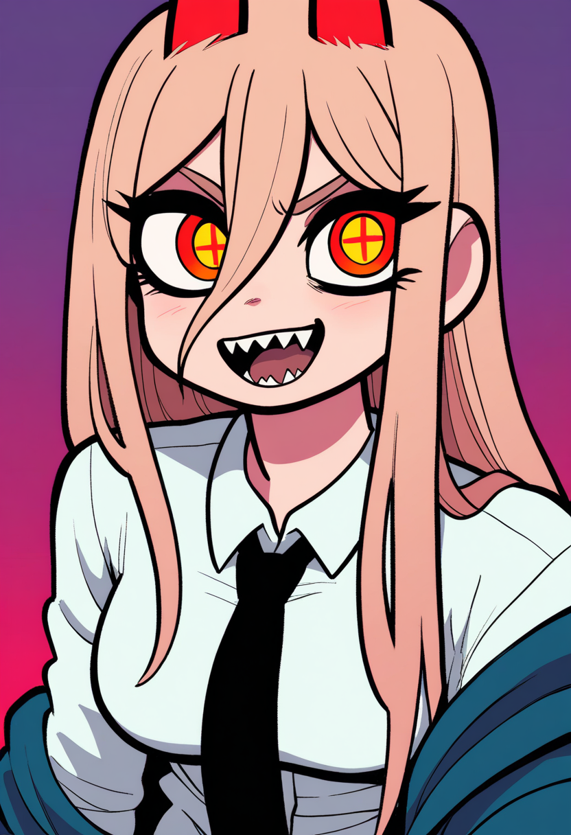 best quality, amazing quality, very aesthetic, absurdres,
BREAK
1girl, power \(chainsaw man\), pink hair, blonde hair, red horns, red eyes, cross-shaped pupils, long hair, sharp teeth, hair between eyes, symbol-shaped pupils,
collared shirt, black necktie, long sleeves,
looking at viewer, white shirt, open mouth,
simple background, white background, smile, upper body,  <lora:BryanLeeOMalleyNoobLocon_byKonan:1>