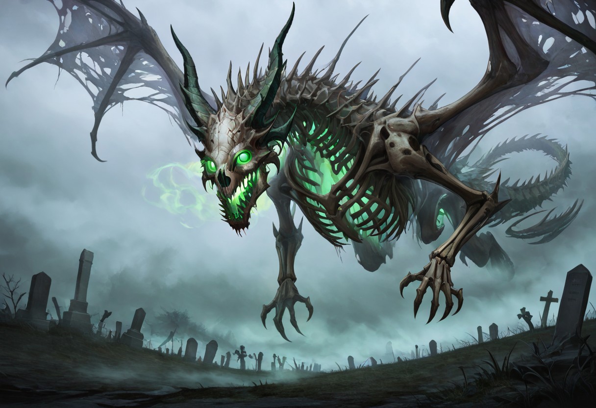 masterpiece, best quality, newest, absurdres, highres, DRALV1.0, undead dragon, undead, skeleton, bones,
flying, glowing, green eyes, glowing eyes, graveyard, grave, fog, horror (theme),