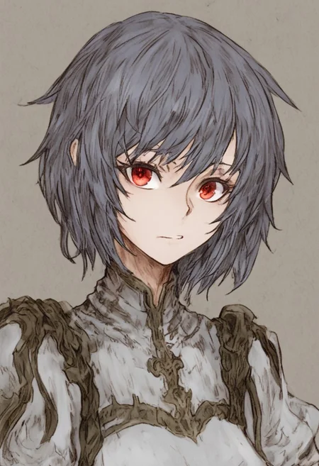 <lora:Elin_(EA)-PonyXL-1024px-DAdp:0.9> score_5_up, portrait, simple background, rpg character, {lady|woman|young girl}, {short hair|silver hair|red eyes|}