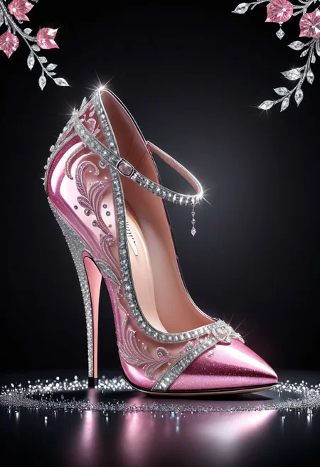 (best quality, 8K, high resolution, masterpiece), ultra detailed, (3D CGI), a beautiful women's heeled shoe, trendy and fashionable, adorned with glitter and diamonds, stylized pink, silver and black, on a black background, advertising campaign, winning photo,