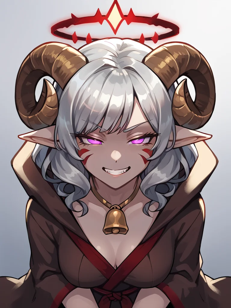 source_furry, score_7_up, rating_safe, cowboy shot, gold necklace, tiefing, short pointed ears, brown horns, (a pair of brown sheep Horns that begin at her temples and curve back: 1.5), bangs, long silver hair long wavy hair, pale skin, <lora:whisker_markings:0.8>red whisker_markings ,short pointy ears, purple eyes, <lora:age_slider_v4:0.6> medium breasts, skinny female, close up, silver hair, <lora:Tieflingnew weird fantasyDND:0.3> Tiefling, pointed ears, horns, <lora:Smooth Style 2 SDXL_LoRA_Pony Diffusion V6 XL:0.5> bell, robe, hood off,
shadow,
<lora:Crown_of_Madness:0.6> glowing crown:0.4, (red light):1.6, hypnosis, half-closed eyes, evil grin, from above,