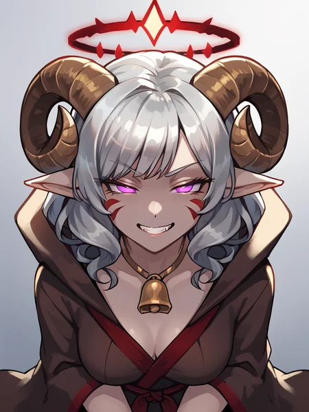 source_furry, score_7_up, rating_safe, cowboy shot, gold necklace, tiefing, short pointed ears, brown horns, (a pair of brown sheep Horns that begin at her temples and curve back: 1.5), bangs, long silver hair long wavy hair, pale skin, <lora:whisker_markings:0.8>red whisker_markings ,short pointy ears, purple eyes, <lora:age_slider_v4:0.6> medium breasts, skinny female, close up, silver hair, <lora:Tieflingnew weird fantasyDND:0.3> Tiefling, pointed ears, horns, <lora:Smooth Style 2 SDXL_LoRA_Pony Diffusion V6 XL:0.5> bell, robe, hood off,
shadow,
<lora:Crown_of_Madness:0.6> glowing crown:0.4, (red light):1.6, hypnosis, half-closed eyes, evil grin, from above,