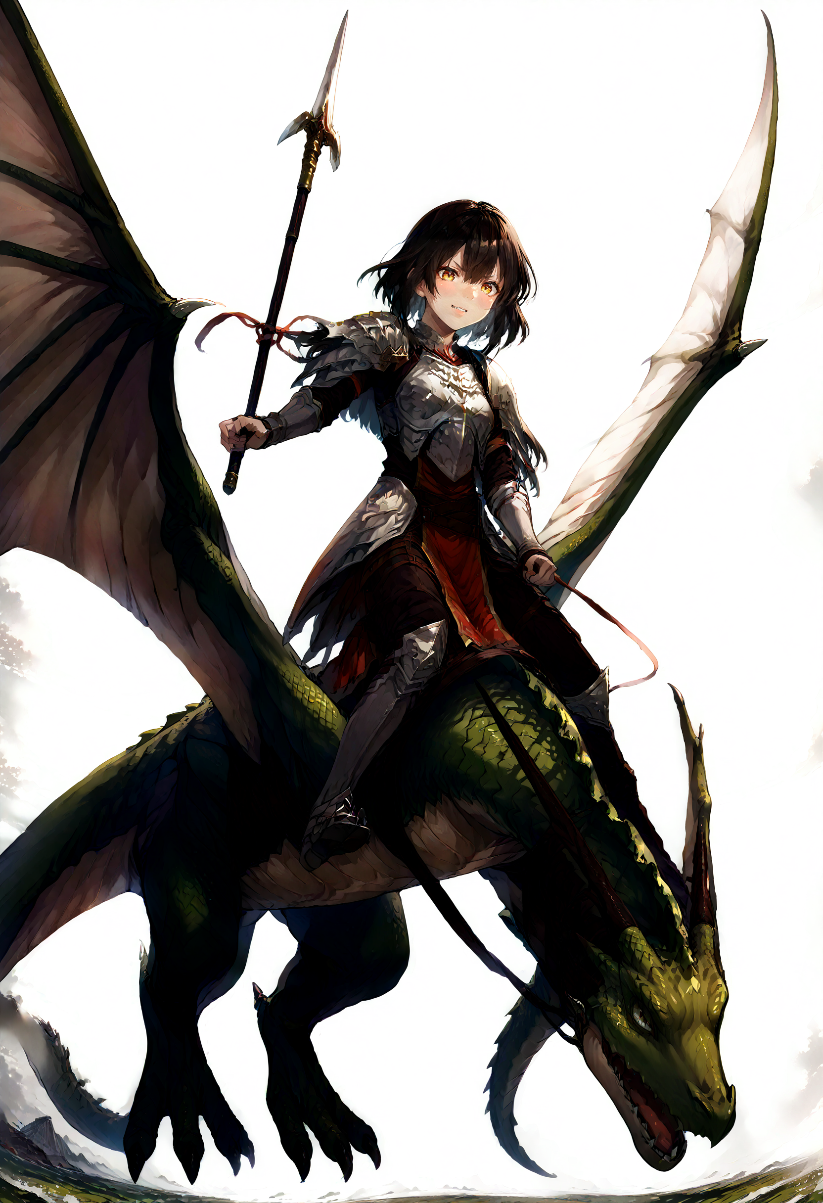 score_9,score_8_up,score_7_up,zPDXL3,unaestheticXL_3x3,field,sky,1girl,1other,<lora:Pony_DetailV2.0:1>,
BREAK wyvern rider,dragon wings,knight,green dragon,dragon riding,polearm,holding polearm,holding weapon,flying,<lora:wyvern rider-pony-v2:1>,fighting stance,v-shaped eyebrows,