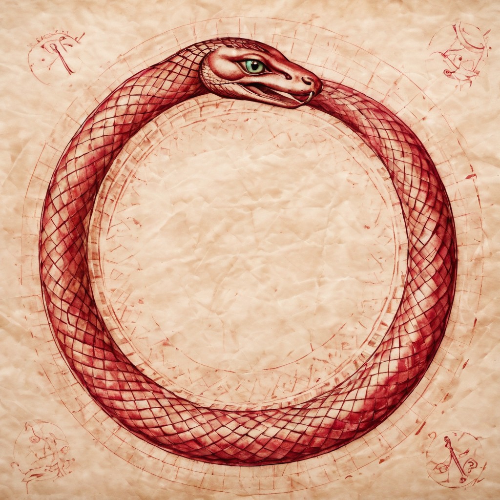 Ouroboros, ruby colored eyes, snake eating its own tail, snake with its tail in its mouth, snake, solo snake, drawn on ancient parchment paper, background is parchment paper. ancientegypt, detailed background.