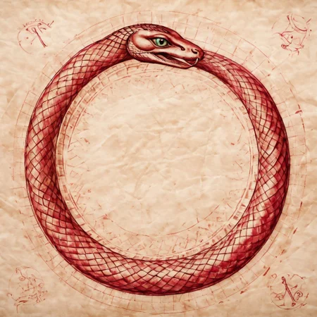 Ouroboros, ruby colored eyes, snake eating its own tail, snake with its tail in its mouth, snake, solo snake, drawn on ancient parchment paper, background is parchment paper. ancientegypt, detailed background.