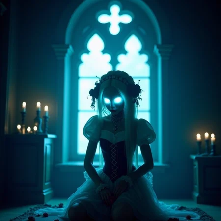 analog film photo Half-body portrait of a zombie girl kneeling by a gothic arched window, her pale face softly lit by silver-blue moonlight. She wears a corseted Victorian blouse with frayed lace sleeves. Her glowing white eyes stare blankly, lips parted in silence. Her long white hair is loosely braided with dried rose petals. Soft cyan tones, shallow depth of field, analog film with delicate grain and light bleed.
<lora:undead denizens v2.2:1> udenv2, undead_creature . faded film, desaturated, 35mm photo, grainy, vignette, vintage, Kodachrome, Lomography, stained, highly detailed, found footage, RAW candid cinema, 16mm, color graded portra 400 film, remarkable color, ultra realistic, textured skin, remarkable detailed pupils, realistic dull skin noise, visible skin detail, skin fuzz, dry skin, shot with cinematic camera