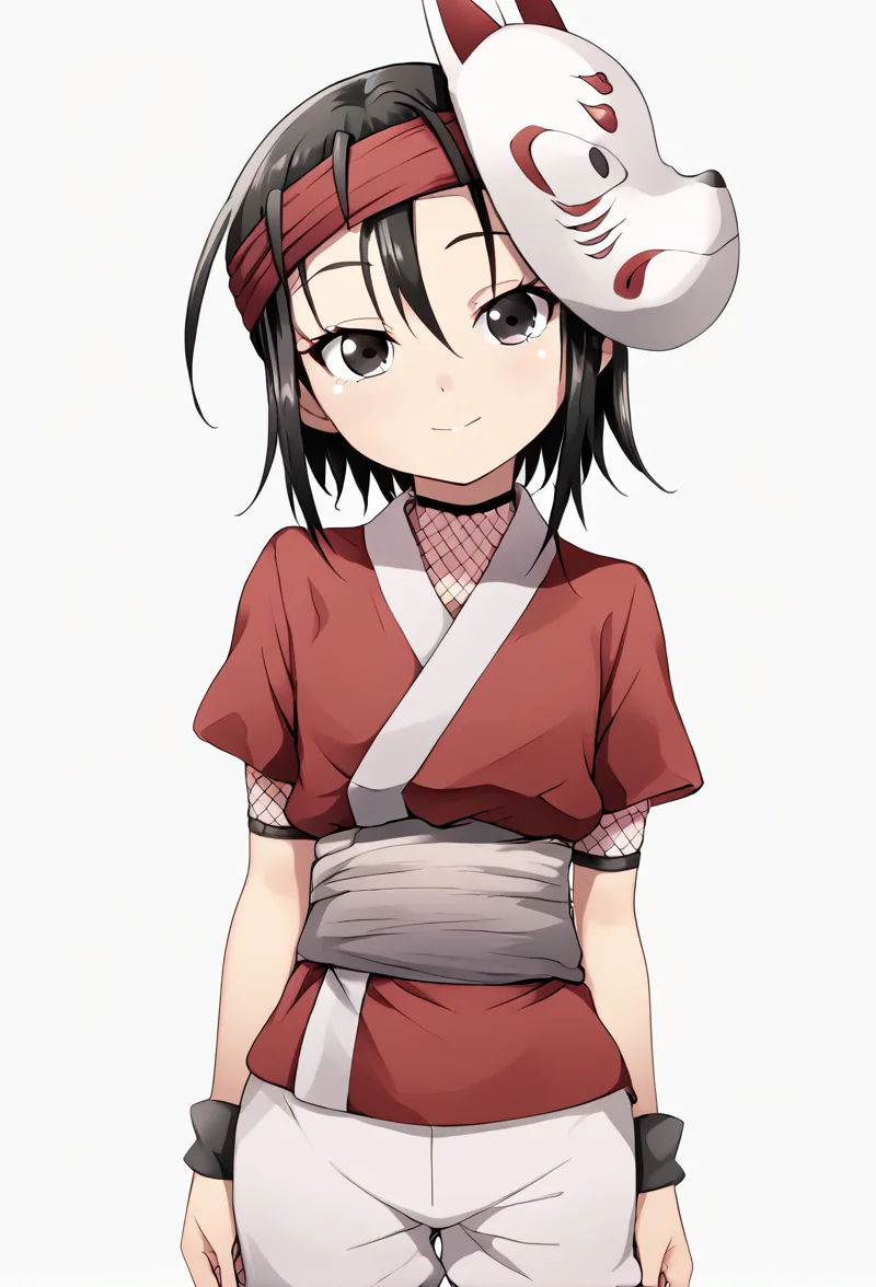<lora:rindou:1> rindou, smile, solo, looking at viewer, japanese clothes, fox mask, mask on head, white shorts, short sleeves, fishnets, sash, red headband, white background, simple background,