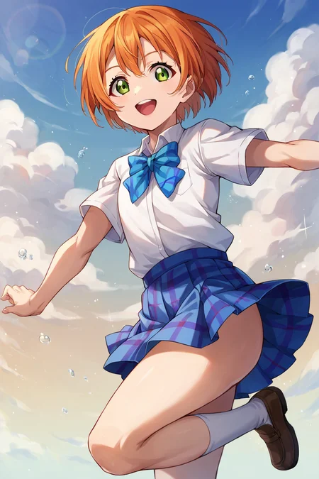 score_9, score_8_up, score_7_up, source_anime BREAK 1girl, solo, lovelive_rin <lora:lovelive_rin:0.9> cowboy shot, jumping, school uniform, blue plaid skirt, white shirt, short sleeves, blue bowtie, orange hair, short hair, yellow green eyes, looking at you, smile, open mouth, sky