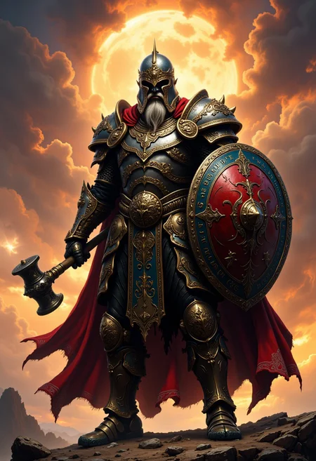 in the style of ck-ovf, Fantasy warrior, dwarf, armored, shield, hammer, regal helmet, intricate armor design, glowing runes, battle stance, apocalyptic sky, fiery backdrop, mysticism, epic