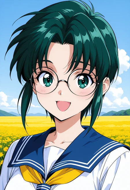 furutachi_ichiko, green eyes, green hair, short hair, round eyewear, school uniform, serafuku, blue sailor collar, yellow neckerchief, short sleeves, <lora:asuka120_furutachi_ichiko_illustrious_ver1:0.8>
smile, open mouth,, masterpiece, best quality, sensitive,, 1girl, solo, (field:1.2), (blue sky:1.2), looking at viewer,, (upper body:1.2), (close-up:1.2), (facing viewer:1.2), (open eyes:1.4), (portrait:1.2)