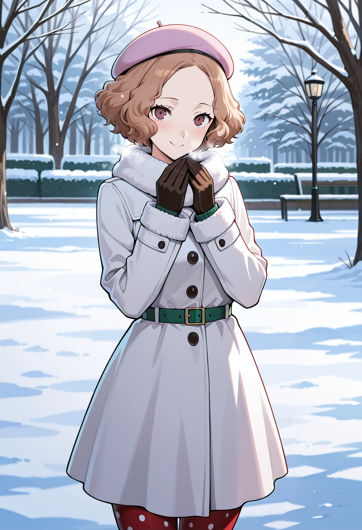 (masterwork, masterpiece, best quality, hyper-detailed),
1 girl, solo, 
p5haru, brown hair, short hair, wavy hair,
p5haru-wintercas2, beret, pink beret, long coat, thin belt, green belt, gloves, red pantyhose,  polka dot legwear,
outdoors, park, trees, cold, snow, v arms, looking at viewer, smile, cowboy shot,
