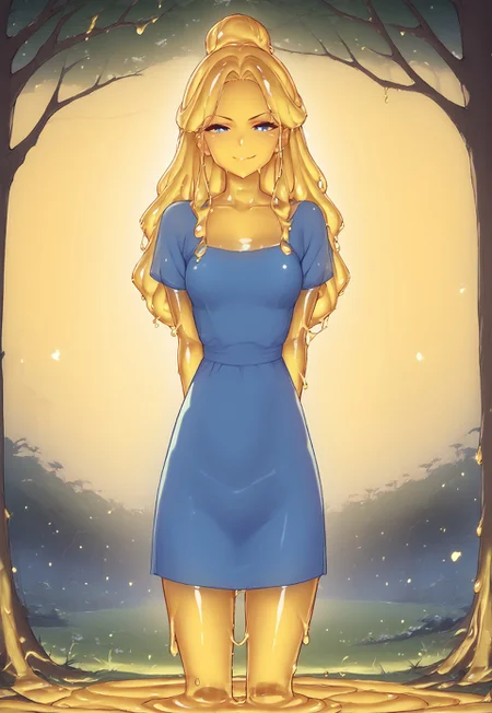safe_pos, score_9, score_8_up, score_7_up, (yellow slime girl:1.2), solo, blonde hair, long hair, small breasts, (mature face:1.2) volumetric lighting, perfect lighting, outdoor lighting, outdoors, magical forest, enchanted trees, grass, ethereal flowers, detailed background, blue dress, formal dress, intricate dress, standing, (cowboy camera shot:1.2), made of slime, mischievous smirk, smirk, short sleeves, (looking at viewer:1.1), standing, (perfect hands:1.2), legs, perfect hands, five fingers, hands behind back, (translucent yellow body:1.5), blue eyes,