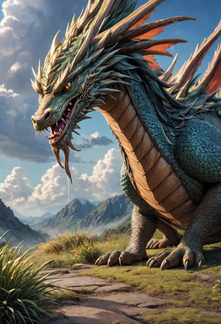 masterpiece, best_quality, ultra-detailed, very detailed, nsfw, shallow depth of field, (skin texture), (realistic texture skin), 
breathtaking, hyperrealistic, hyperdetailed, maximum fidelity, ultra high detail, ultra HD, Panavision Millennium DXL2 8k professional RAW photography gigantic eastern dragon, long serpent body, clouds, fog, <lora:LoromXL_Druidic_Naturalism_v1:0.3>, luminous reflections, rtx on, subsurface scattering, dynamic hdr tone mapping, volumetric lighting, screenspace reflection, Physically-Based Rendering, Unity WÄtÄ environmental water
covered in fire, luminous reflections, rtx on, subsurface scattering, dynamic hdr tone mapping, volumetric lighting, screenspace reflection, Physically-Based Rendering, environmental stone