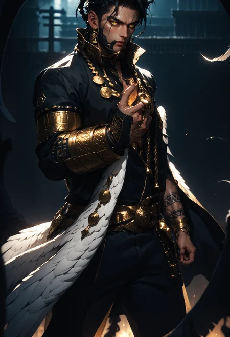 score_9, Score_8_up, Score_7_up, 1boy, glowing eyes, yellow eyes, tribal, staff, wings, armor, dynamic pose, manly, villain, floating hair, very long hair, (jewelry in hair), long hair, braided hair, black hair, tattoos, demon, shirtless , black clothes, with gold trim, ruined city background, muscular man, big pecs, abs, dark theme, aztec style, white feathers, multiple wings, spread wings, big wings, dark background, blurred, dark lighting, dark background , depth of field, detailed line work, low profile, dramatic lighting,
