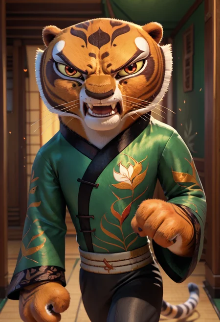 score_9, score_8_up, score_8, <lora:Master_Tigress_Kung_Fu_Panda_for_PonyXL:0.8> 1girl, m4stertigr3ss, solo, tail, looking at viewer, green qipao, sleeves, black silk pants, pov, raised fist, fury, mad, frown, fangs