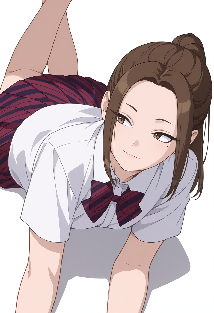 Smooth Quality,masterpiece,very intricate, high quality details, ultra realistic, high detailed skin,detailed enviorement,
simple background, white background, light smile,
lying, 
 <lora:Onemine_Nene_cnn:0.8> oneminenenecnn, 1girl,brown hair, long hair, brown eyes, mole under eye, mole under mouth,ponytail, 
school uniform, pleated skirt, white shirt,bowtie, short sleeves,striped skirt,