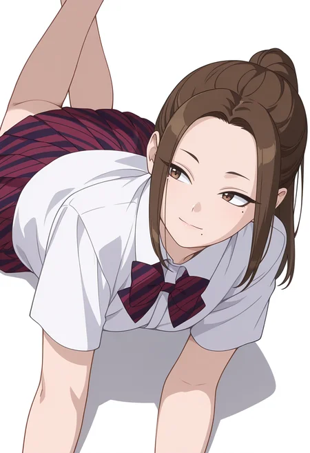 Smooth Quality,masterpiece,very intricate, high quality details, ultra realistic, high detailed skin,detailed enviorement,
simple background, white background, light smile,
lying, 
 <lora:Onemine_Nene_cnn:0.8> oneminenenecnn, 1girl,brown hair, long hair, brown eyes, mole under eye, mole under mouth,ponytail, 
school uniform, pleated skirt, white shirt,bowtie, short sleeves,striped skirt,