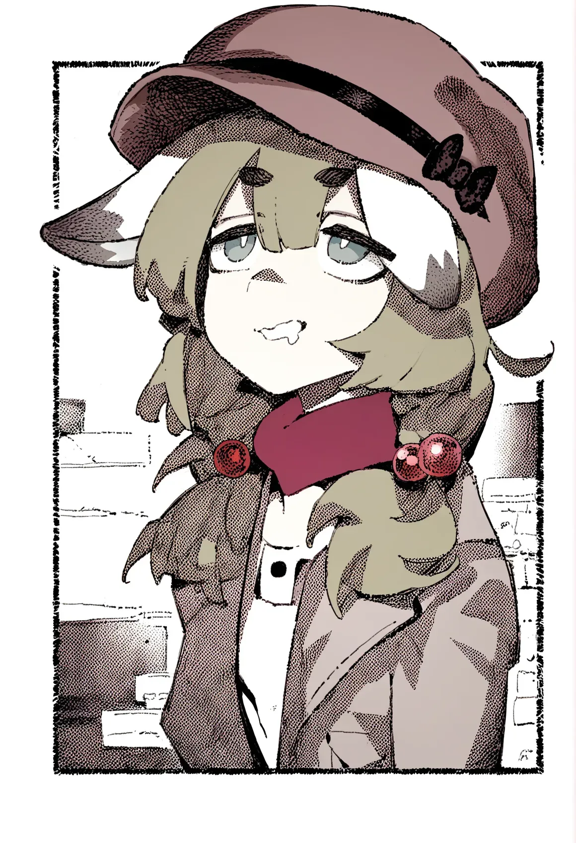 yakumo \(blue archive\), karasu raven, ireading, solo, thick eyebrows, droopy ears, hair bobbles, cabbie hat, open coat, white vest, white pupils, <lora:yakumo_(blue archive)_2-000018:1>