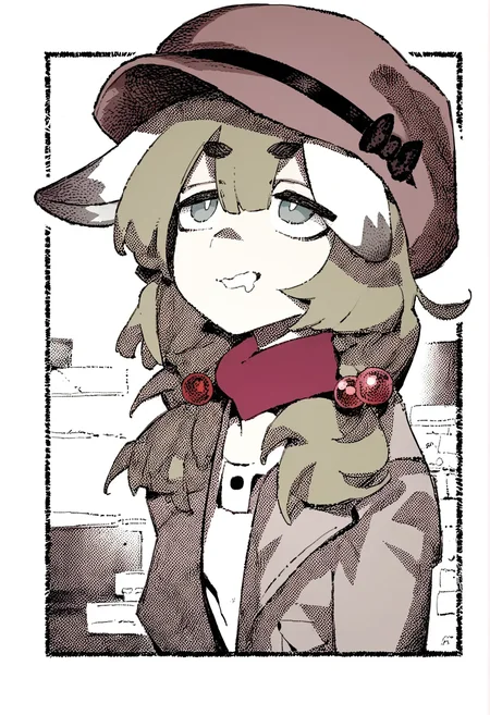 yakumo \(blue archive\), karasu raven, ireading, solo, thick eyebrows, droopy ears, hair bobbles, cabbie hat, open coat, white vest, white pupils, <lora:yakumo_(blue archive)_2-000018:1>