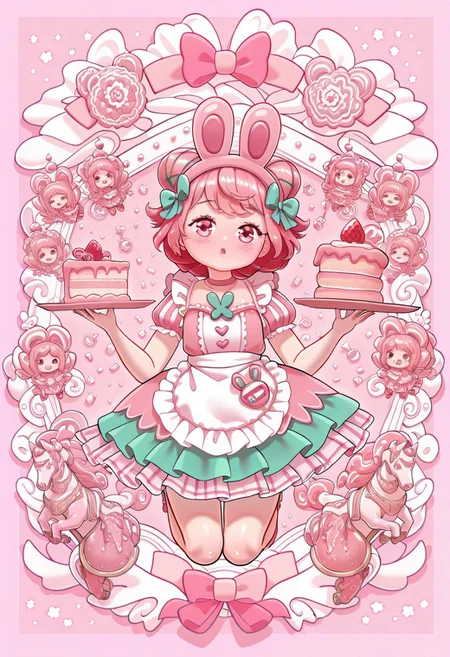 lazypos, character focused, cute anime girl, pastel color palette, candy themed outfit, bunny ears headband, frilly apron dress, turquoise pink ribbons, holding cake slice, surrounded by bunnies, floating candy pieces, carousel motif, joyful expression, dessert accessories, kawaii fashion, heart details, playful background, magical sweetness, teal bows, strawberry accents, lollipop decor, bubblegum fantasy, BornStyle