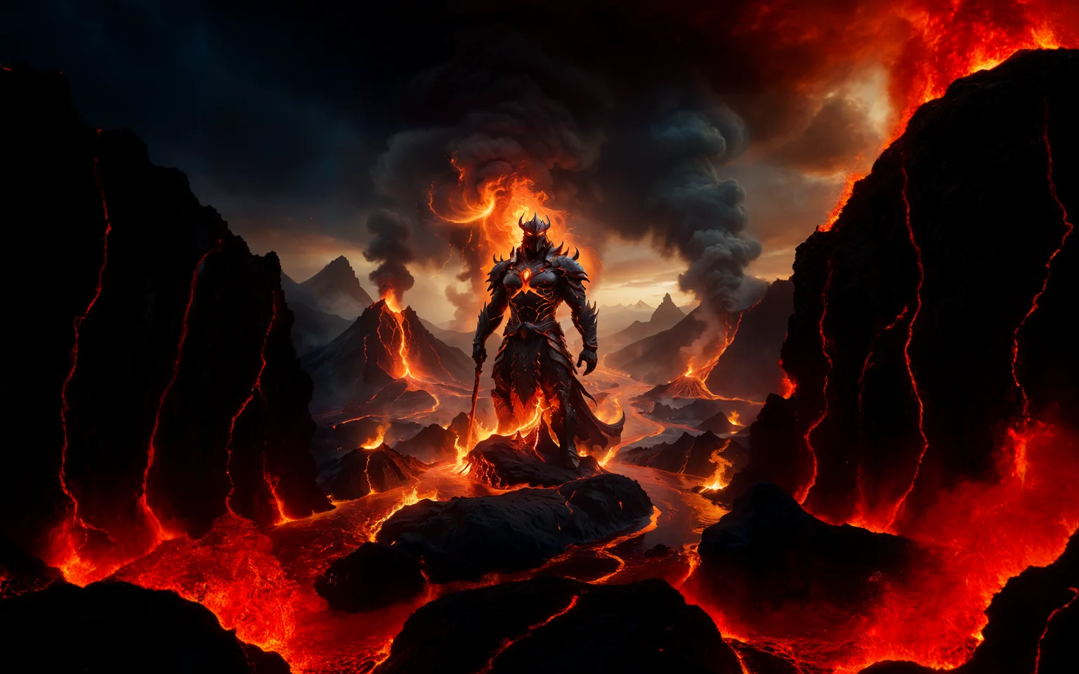 cinematic still Create an image of a powerful fire guardian standing amidst a volcanic landscape. The guardian, a figure made of molten lava and flames, exudes an aura of intense heat and strength. Surrounding the guardian are rivers of flowing lava, erupting geysers, and a sky tinged with ash and smoke. The scene captures the raw, untamed power of fire in its most primal form . emotional, harmonious, vignette, 4k epic detailed, shot on kodak, 35mm photo, sharp focus, high budget, cinemascope, moody, epic, gorgeous, film grain, grainy, Create an image of a powerful fire guardian standing amidst a volcanic landscape. The guardian, a figure made of molten lava and flames, exudes an aura of intense heat and strength. Surrounding the guardian are rivers of flowing lava, erupting geysers, and a sky tinged with ash and smoke. The scene captures the raw, untamed power of fire in its most primal form, cinematic, dramatic, detailed, extremely, beautiful, intricate, sharp focus, elegant, highly detail, clear, gorgeous, artistic, color deep ambient, amazing, shiny, colorful, epic, singular, brilliant, iconic, symmetry, surreal, best, contemporary, romantic, dynamic, appealing, attractive, cute, creative, positive, awesome, pure